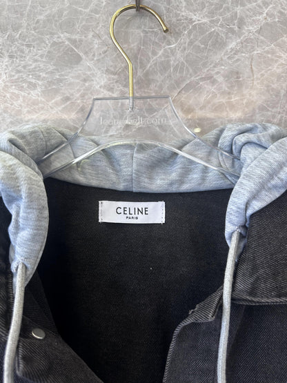 Celine black denim jacket with grey logo hoodie