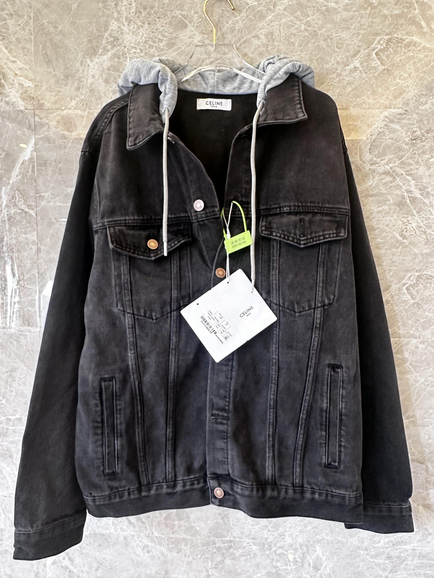 Celine black denim jacket with grey logo hoodie