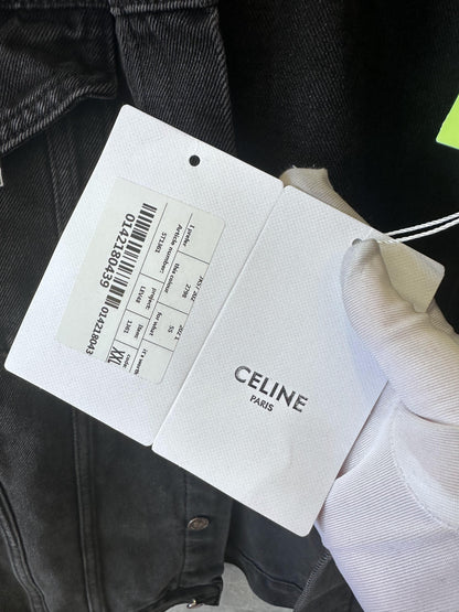 Celine black denim jacket with grey logo hoodie