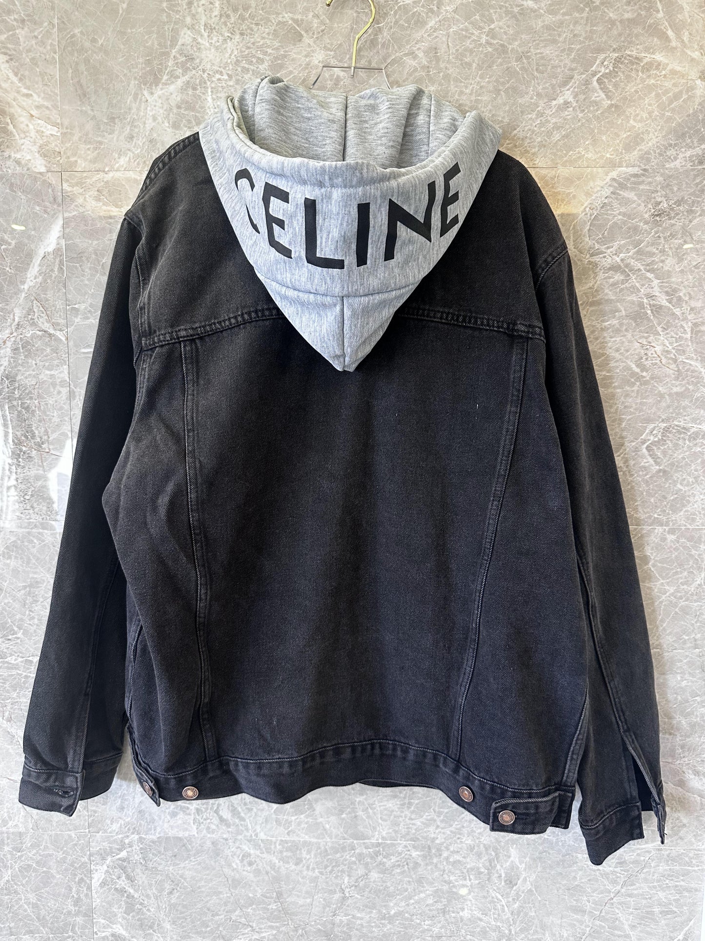 Celine black denim jacket with grey logo hoodie