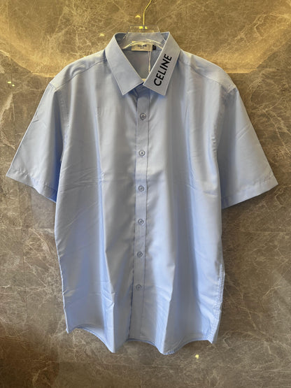 Celine light blue short-sleeve shirt with logo collar