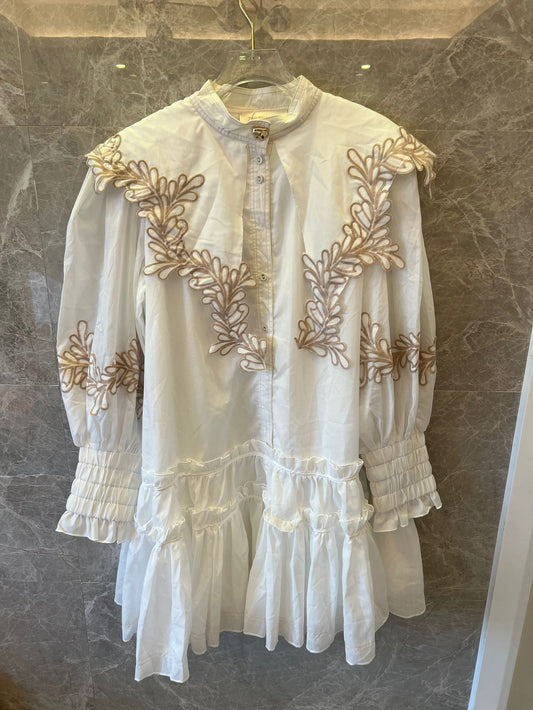 Zimmermann white embroidered ruffle dress with puffed sleeves and tiered skirt