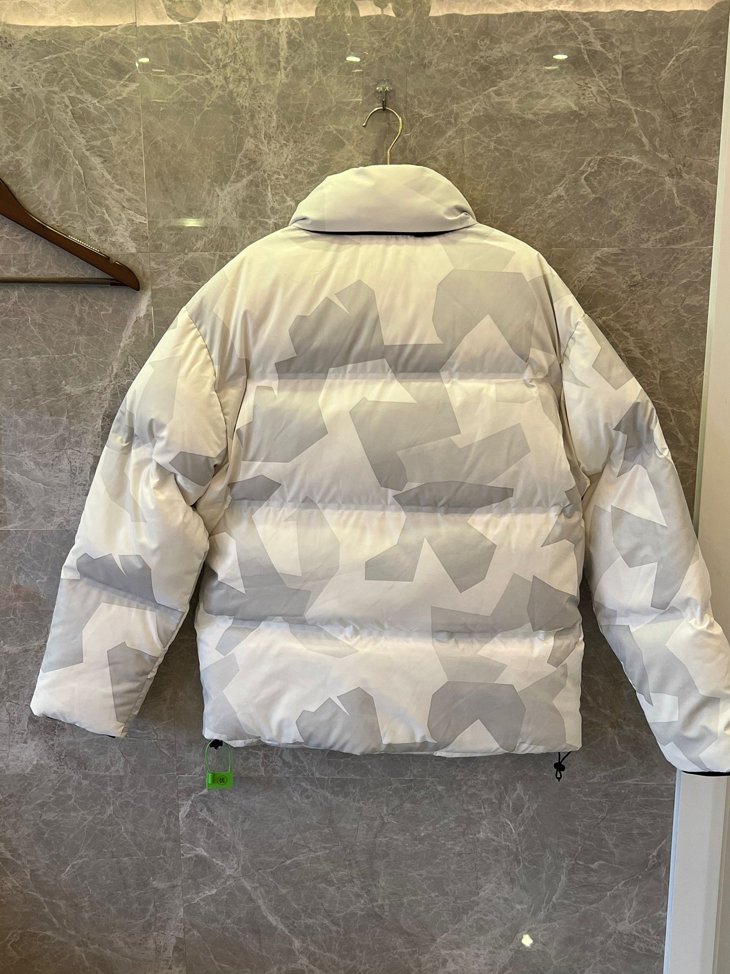 Prada white and gray camouflage puffer jacket with logo pocket