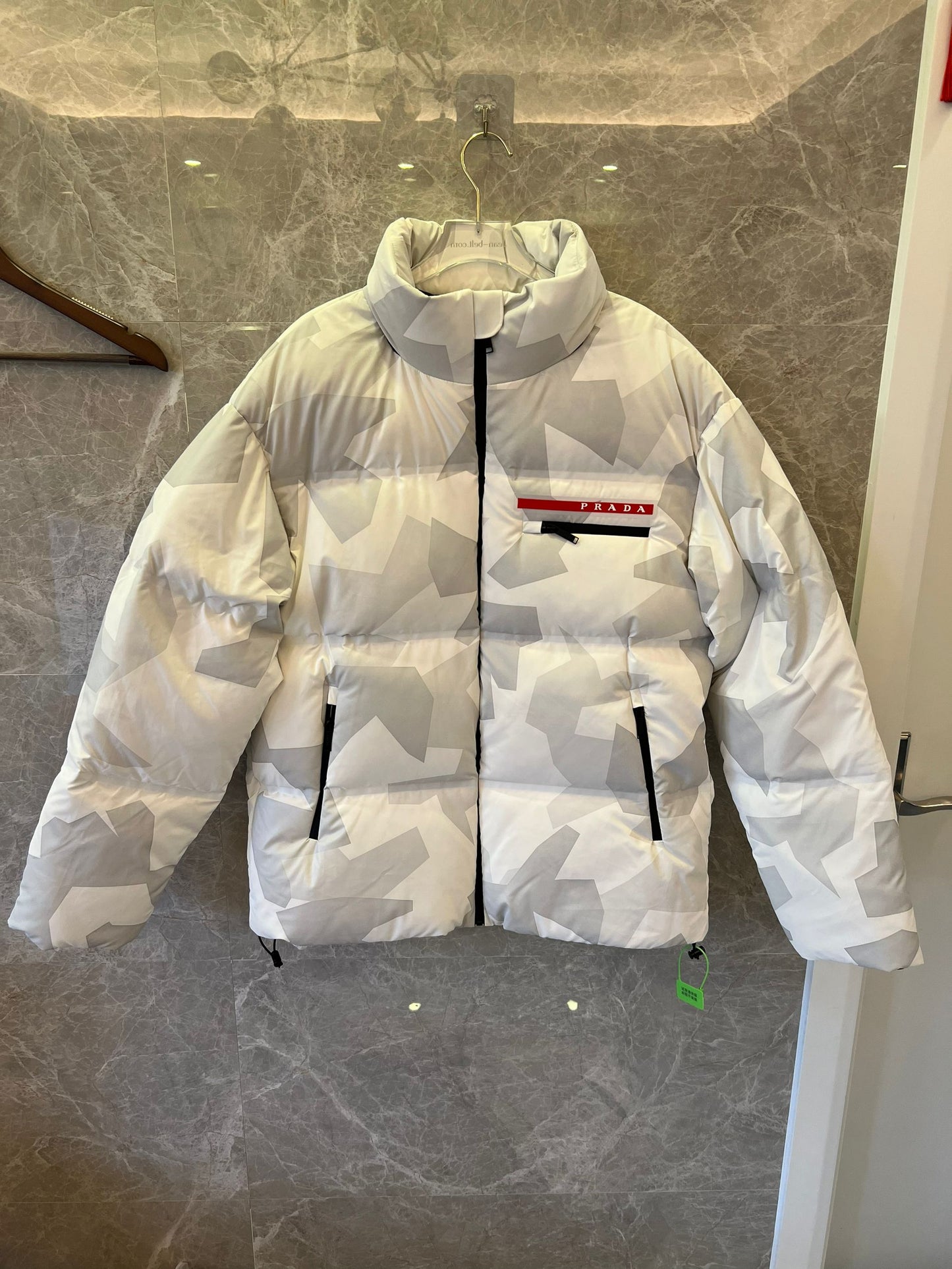 Prada white and gray camouflage puffer jacket with logo pocket