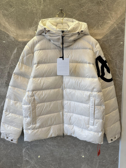 Moncler white hooded puffer jacket with black logo detail