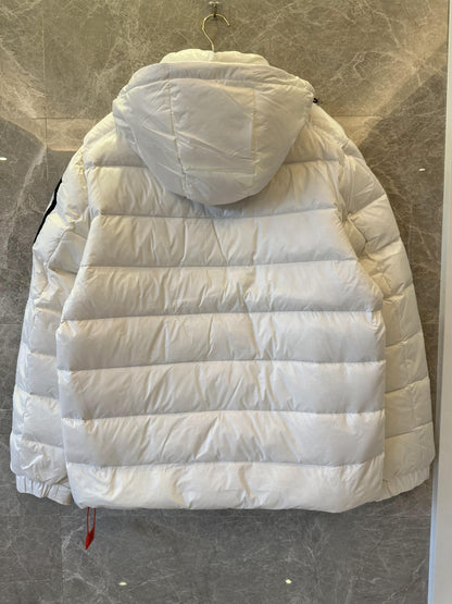 Moncler white hooded puffer jacket with black logo detail