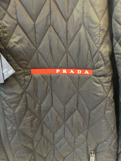 Prada black quilted jacket with red logo accent