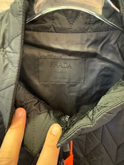 Prada black quilted jacket with red logo accent