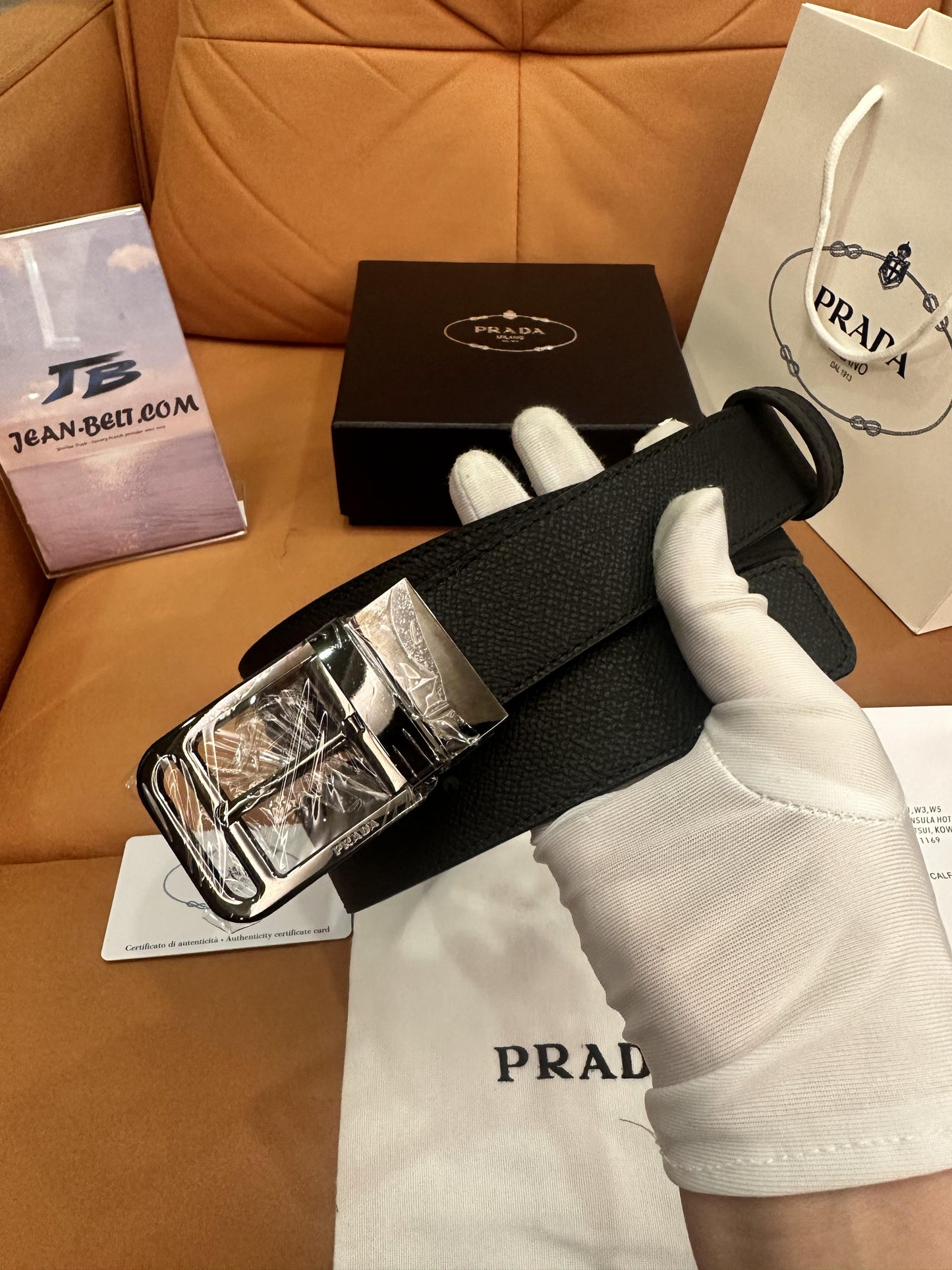 Prada black saffiano leather belt with silver buckle