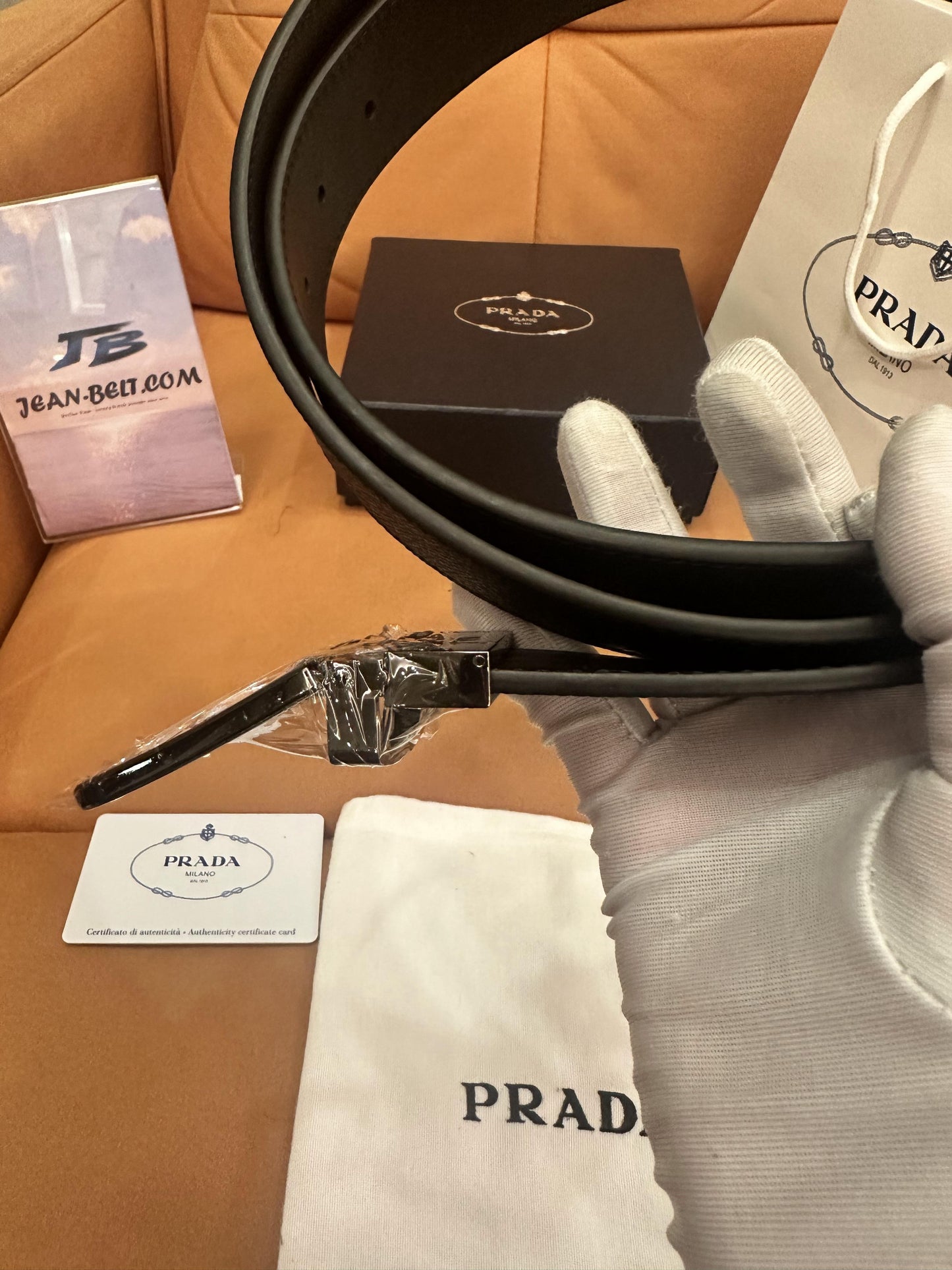 Prada black saffiano leather belt with silver buckle