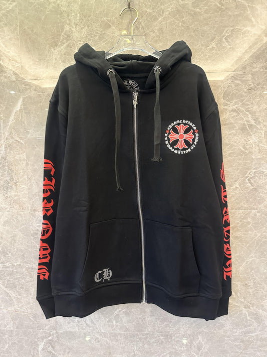 Chrome Hearts black zip-up hoodie with red cross graphics