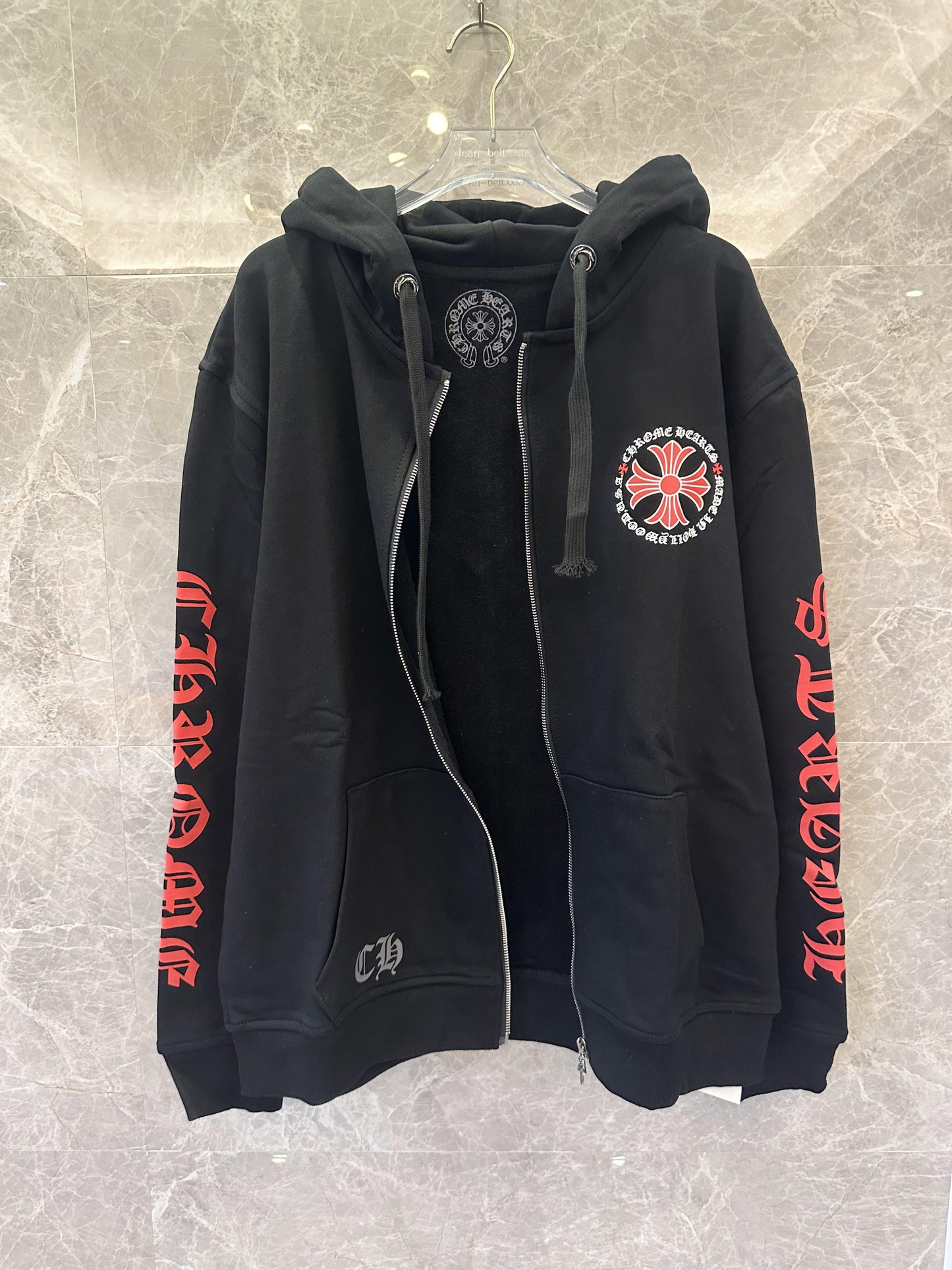 Chrome Hearts black zip-up hoodie with red cross graphics