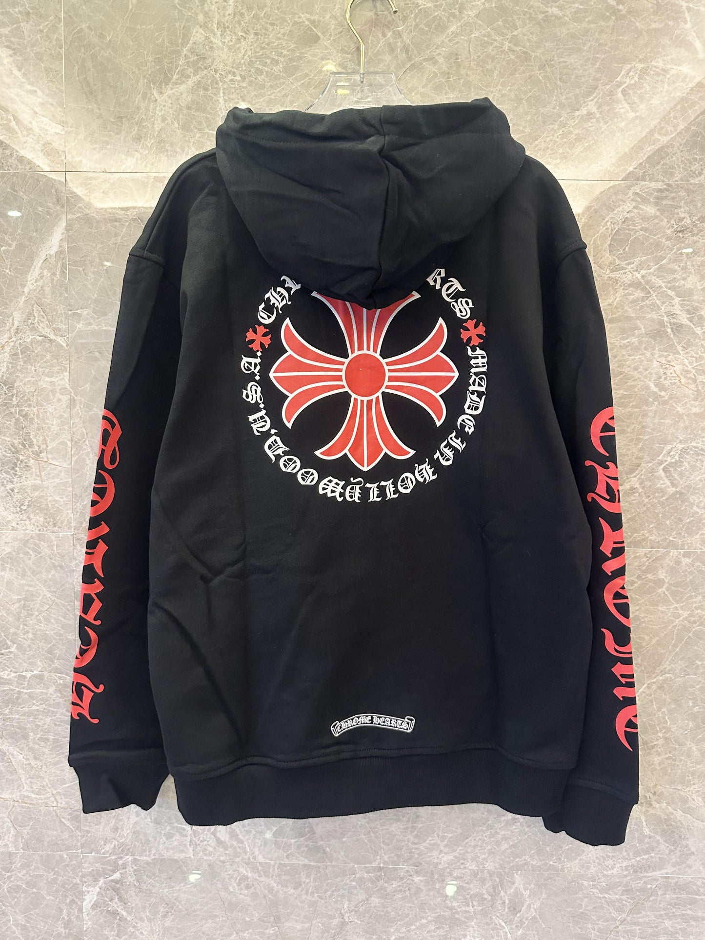 Chrome Hearts black zip-up hoodie with red cross graphics