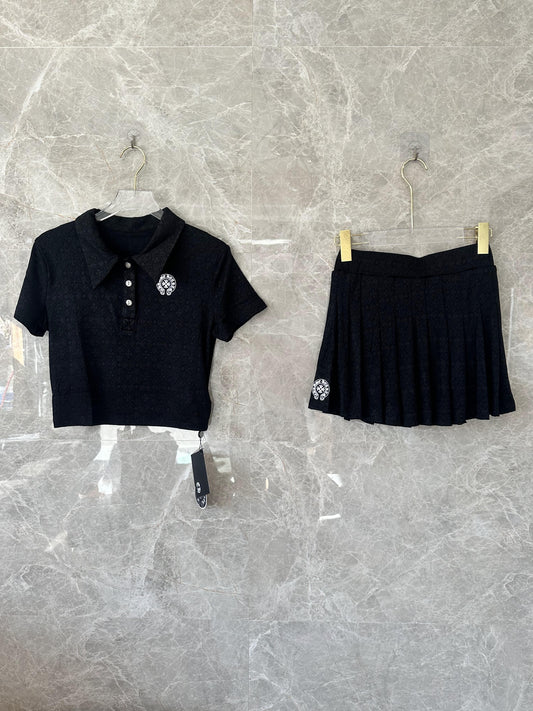 Chrome Hearts black embroidered polo crop top and pleated mini skirt set