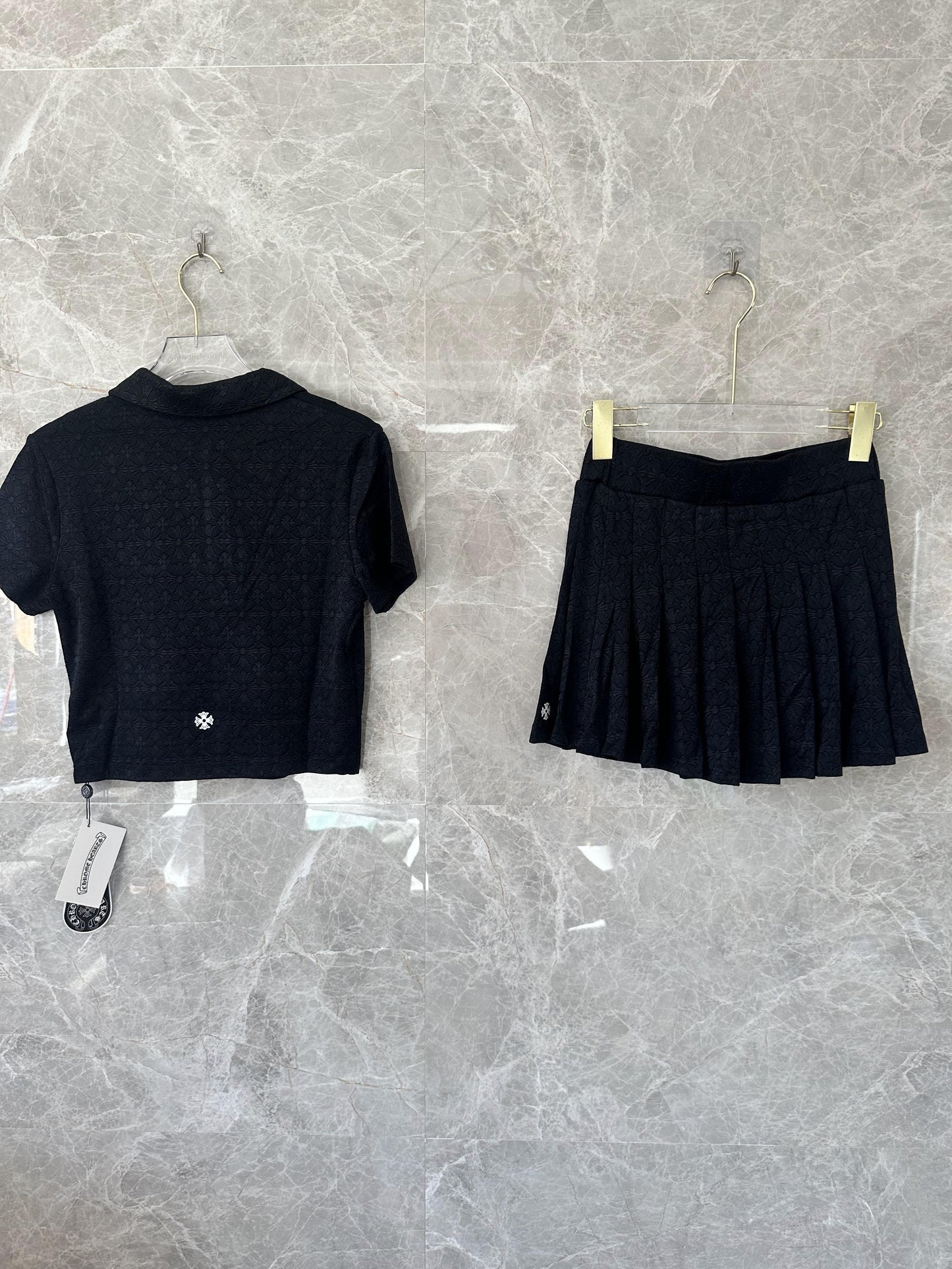 Chrome Hearts black embroidered polo crop top and pleated mini skirt set