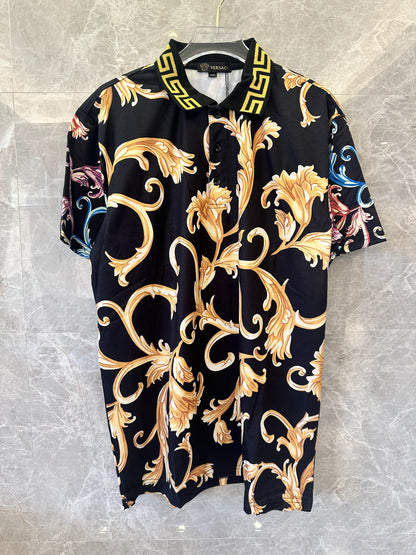 Versace baroque print polo shirt with greek key collar