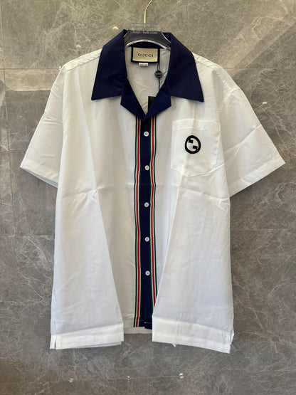 Gucci white short-sleeve buttonup shirt with navy collar and striped