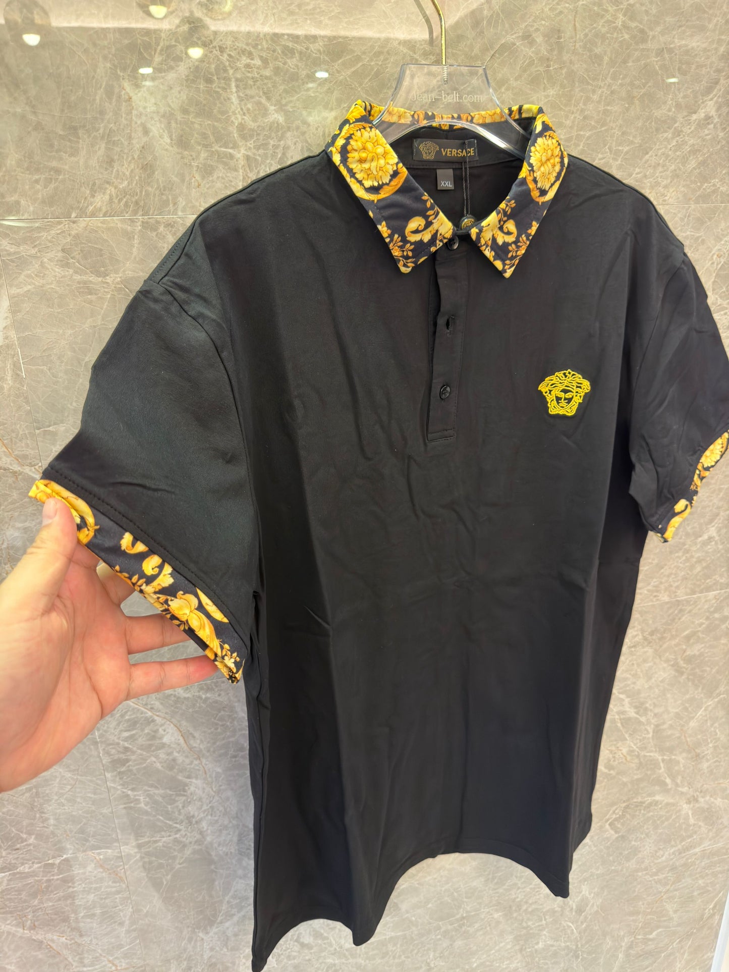 Versace baroque-print polo shirt with medusa collar -black&white