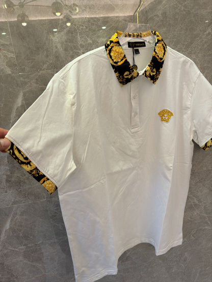 Versace baroque-print polo shirt with medusa collar -black&white