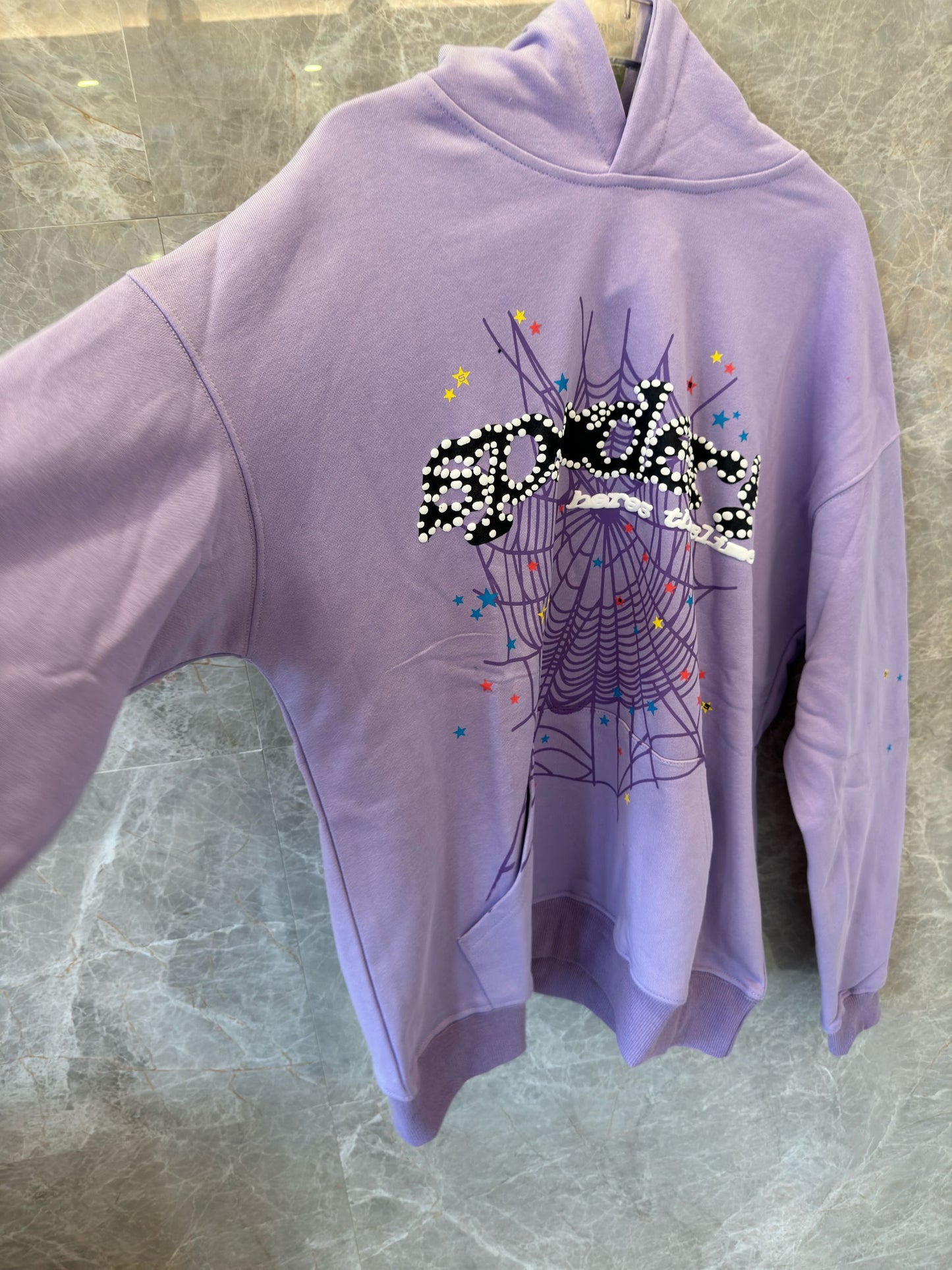 Sp5der rhinestone web graphic hoodie in lavender