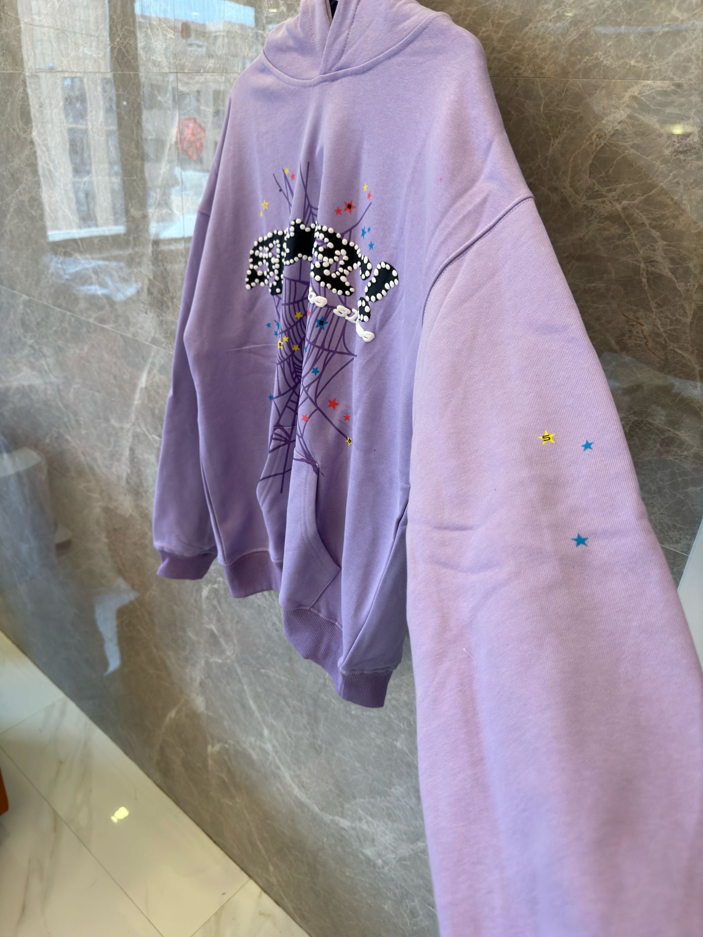 Sp5der rhinestone web graphic hoodie in lavender