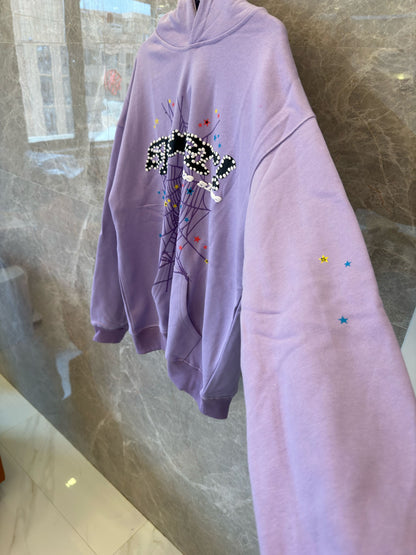 Sp5der rhinestone web graphic hoodie in lavender