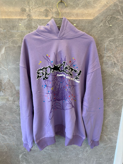 Sp5der rhinestone web graphic hoodie in lavender