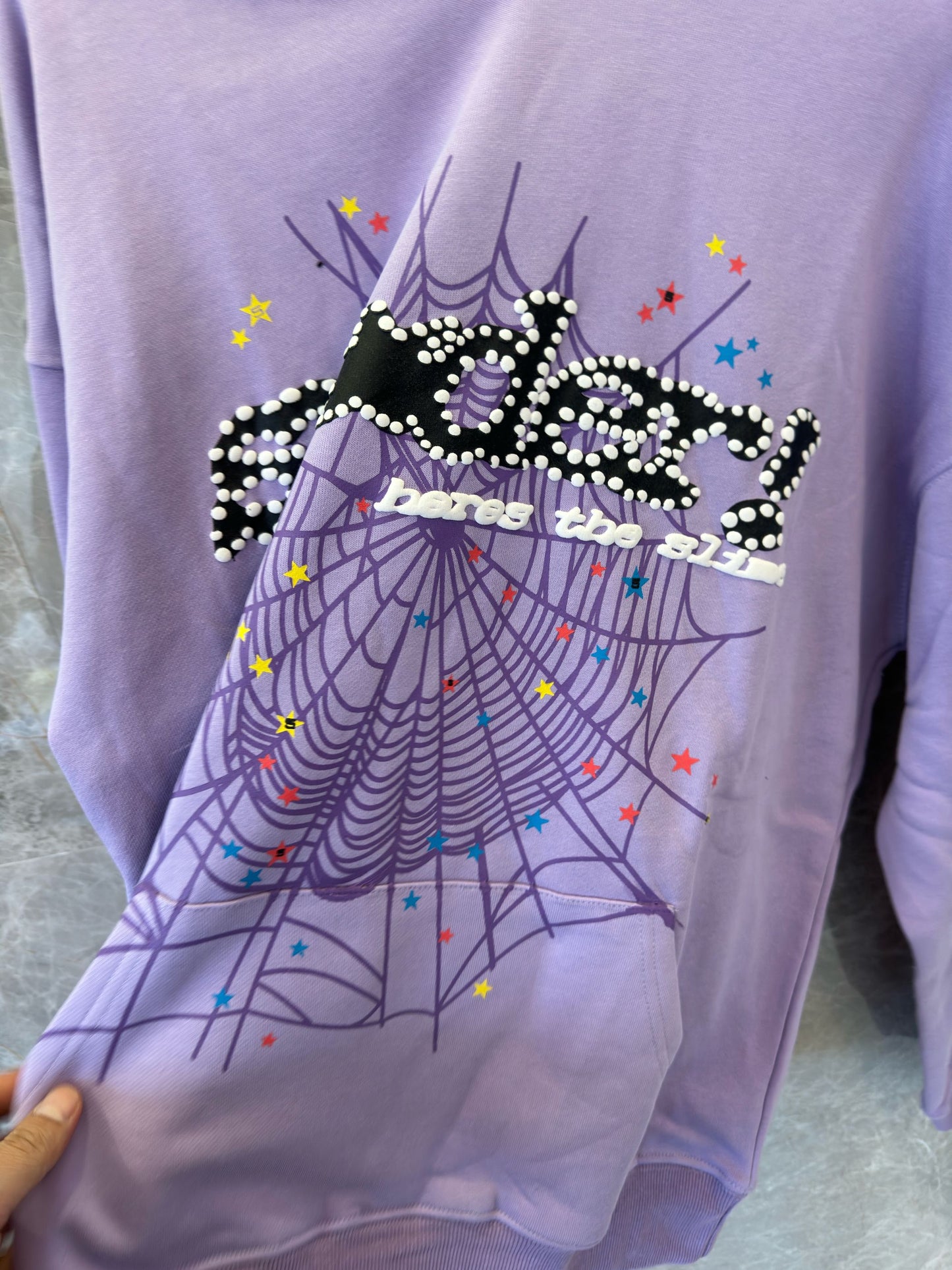 Sp5der rhinestone web graphic hoodie in lavender