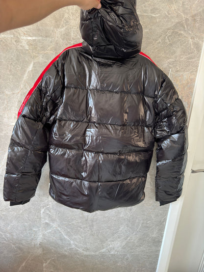 Moncler black glossy down puffer jacket with tri-color stripe detail