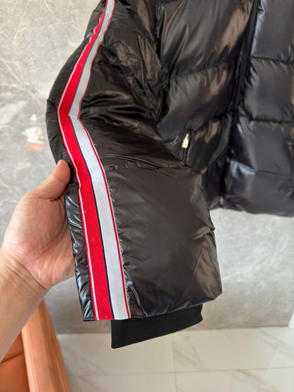 Moncler black glossy down puffer jacket with tri-color stripe detail