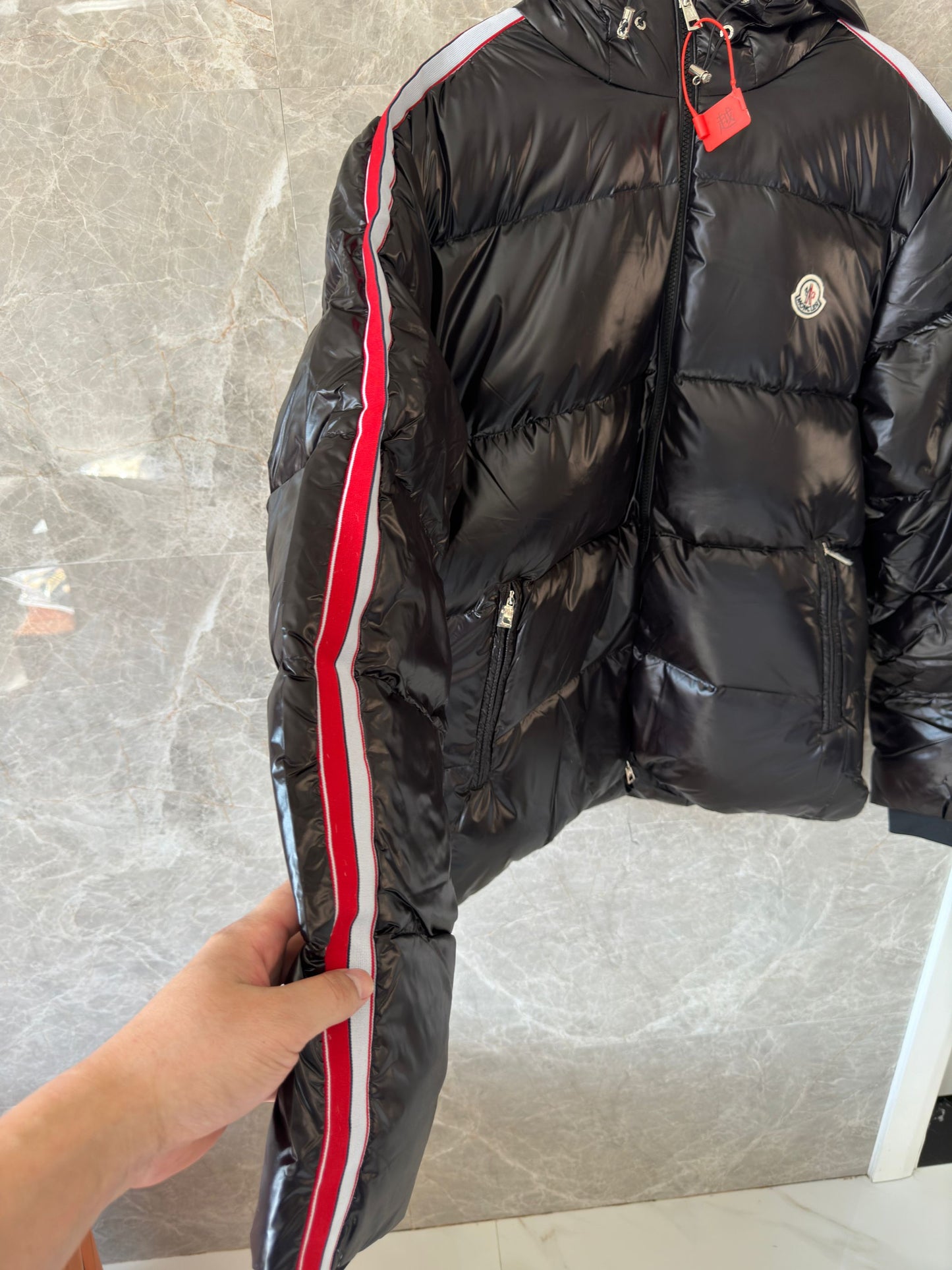 Moncler black glossy down puffer jacket with tri-color stripe detail