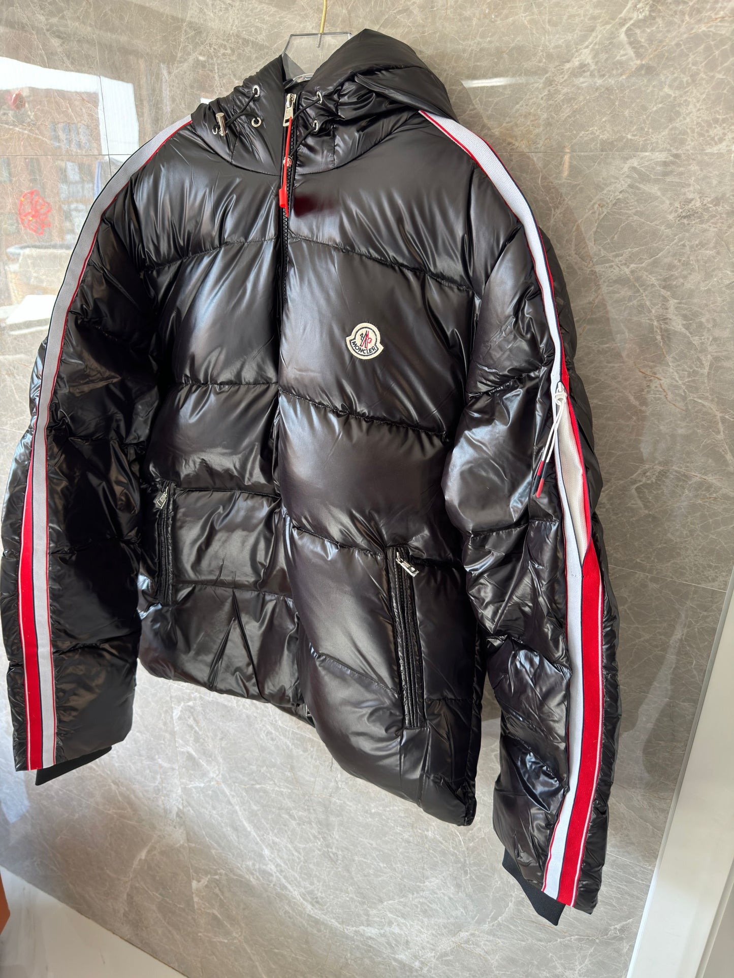 Moncler black glossy down puffer jacket with tri-color stripe detail