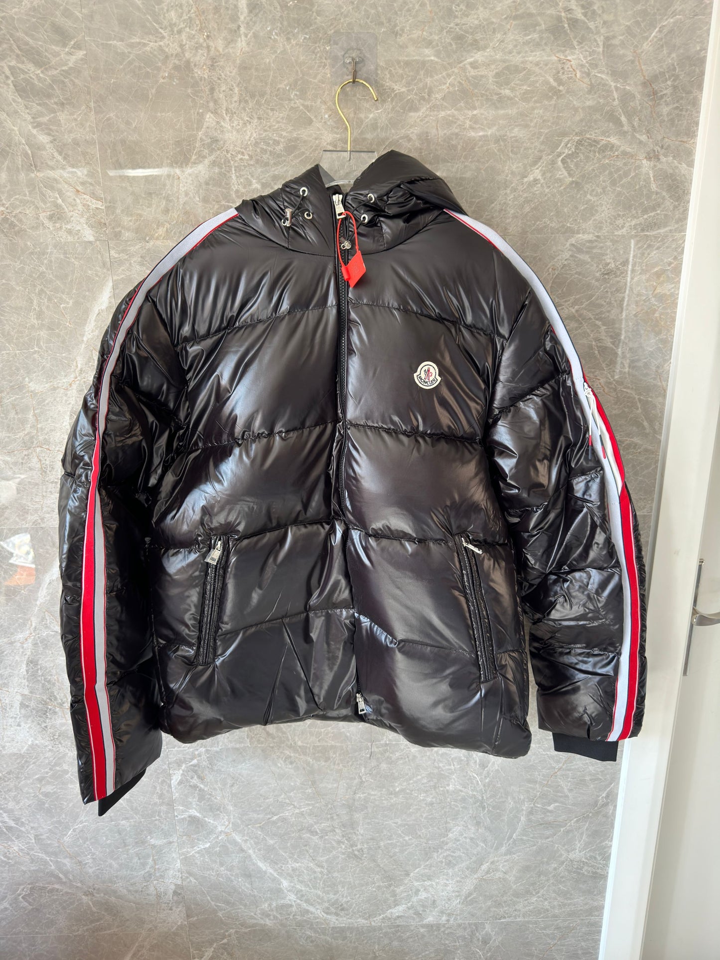 Moncler black glossy down puffer jacket with tri-color stripe detail