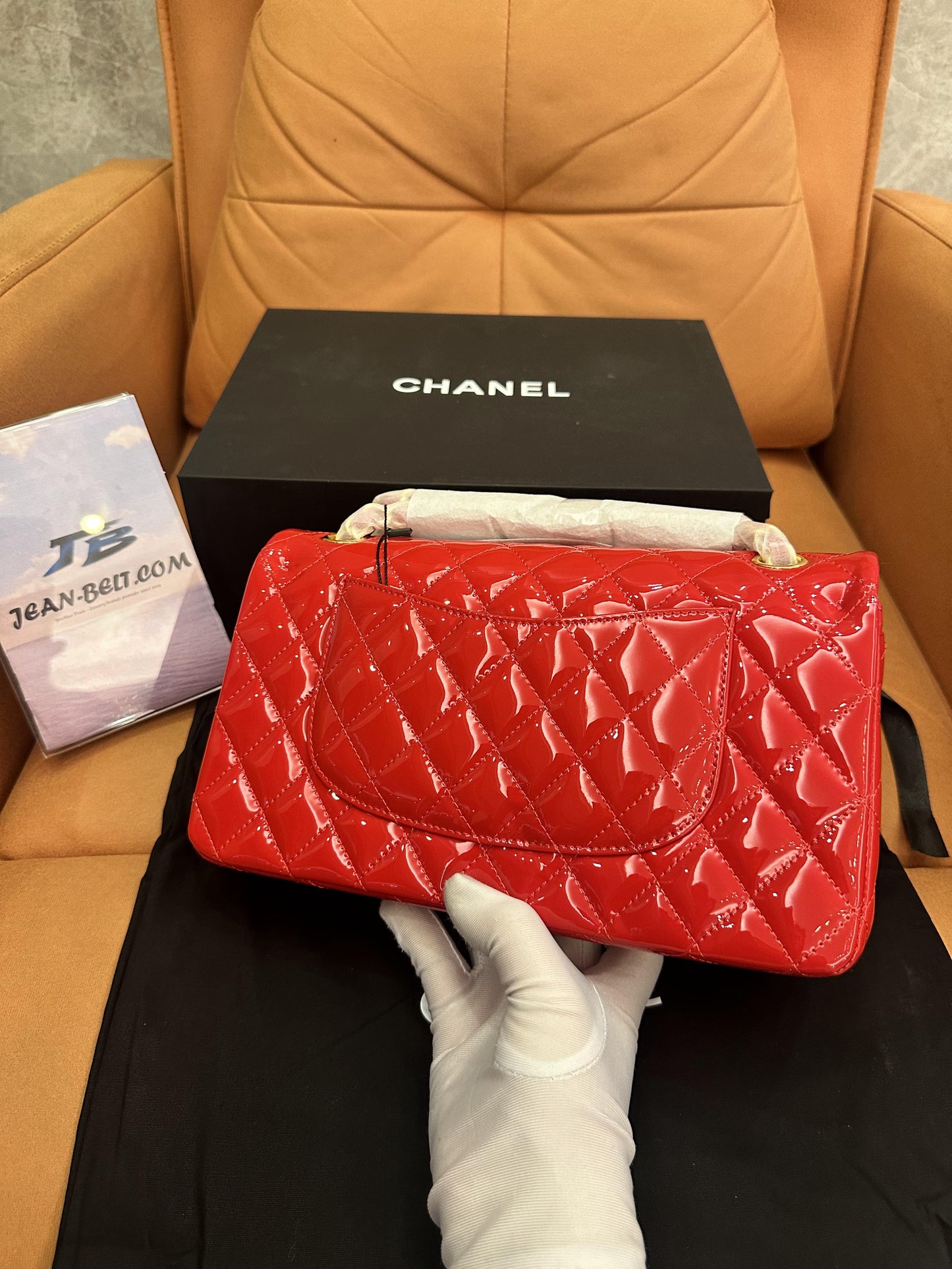 Chanel patent leather red classic double flap bag medium