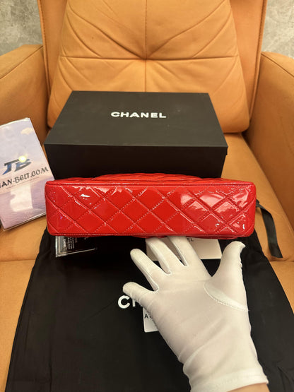 Chanel patent leather red classic double flap bag medium