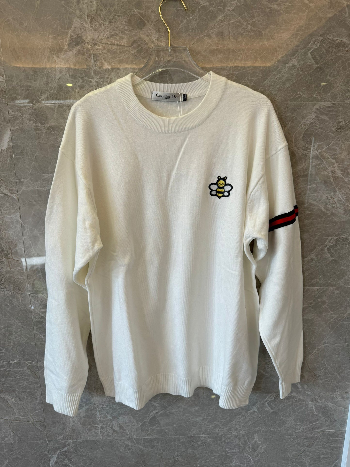 Christian Dior bee embroidered ivory sweater with stripe detail