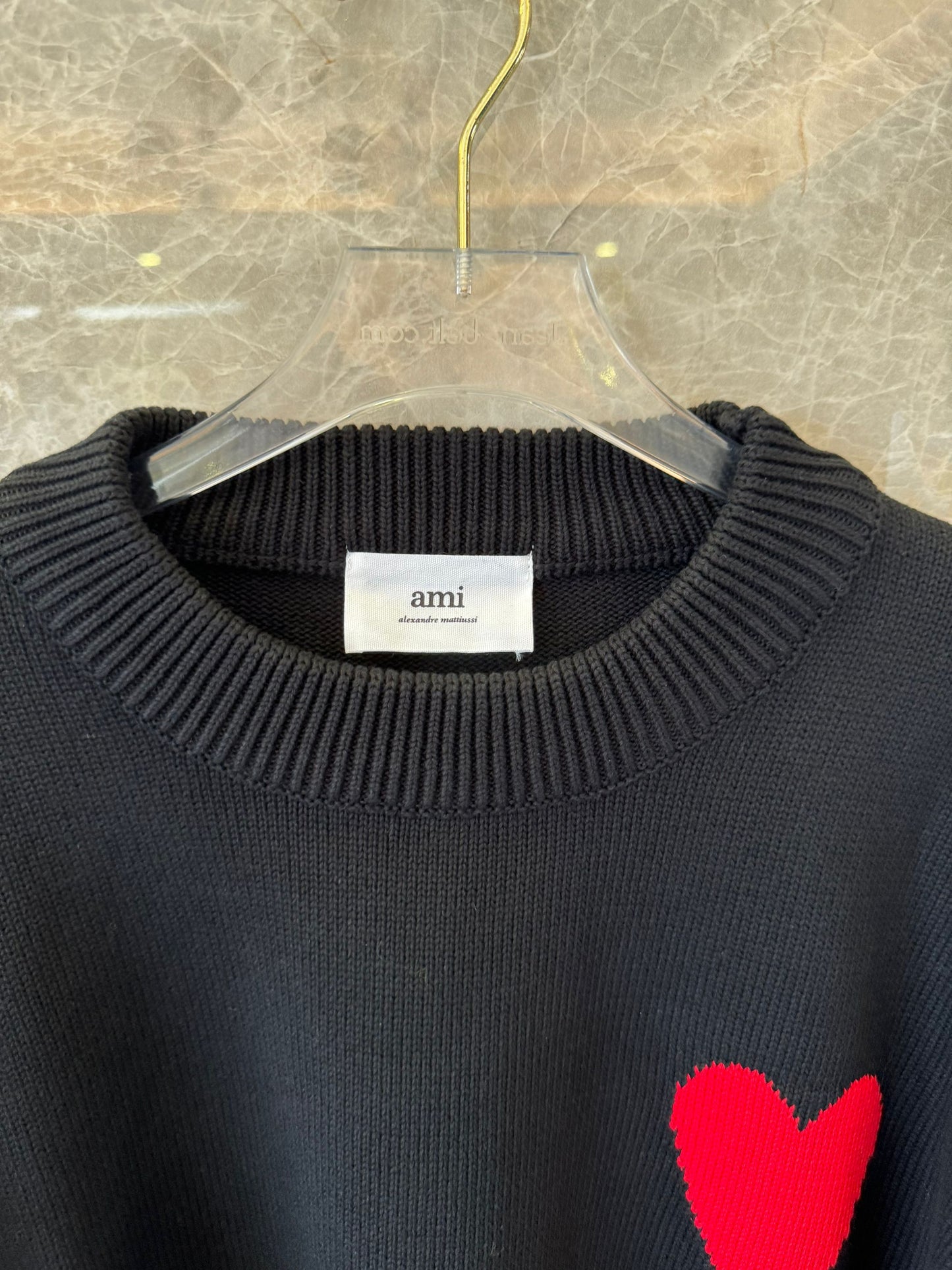 Ami heart embroidered black knit sweater - cozy pullover with signature red "A" logo