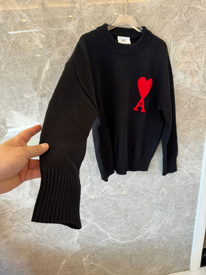 Ami heart embroidered black knit sweater - cozy pullover with signature red "A" logo