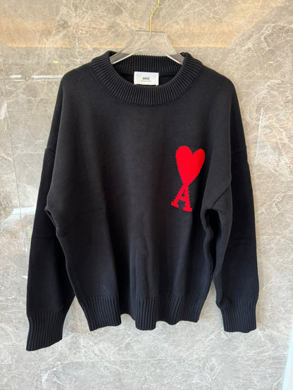 Ami heart embroidered black knit sweater - cozy pullover with signature red "A" logo