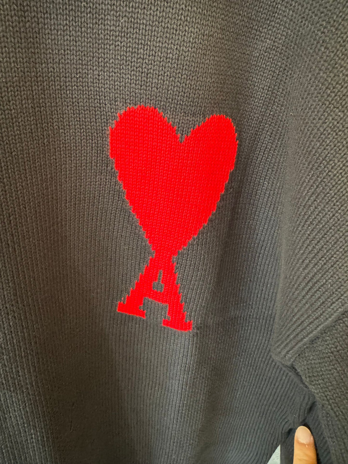 Ami heart embroidered black knit sweater - cozy pullover with signature red "A" logo