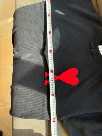 Ami heart embroidered black knit sweater - cozy pullover with signature red "A" logo