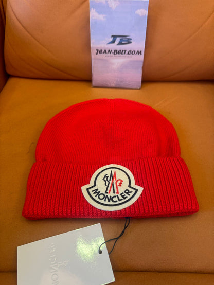 Moncler red wool beanie with iconic logo patch