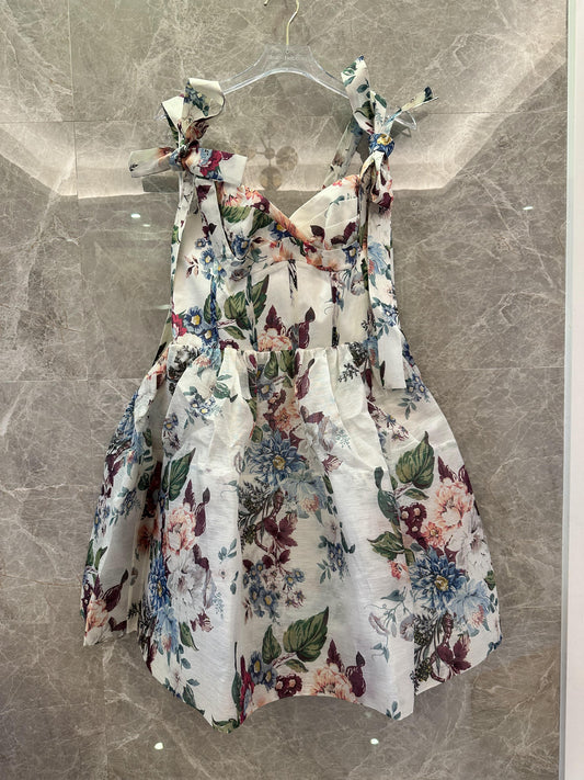 Zimmermann floral print dress with bow shoulder straps and matching belt