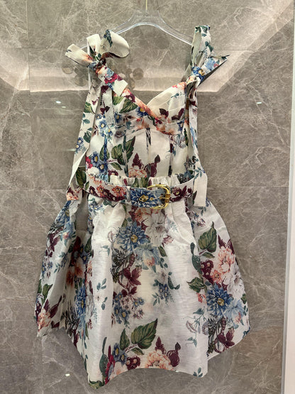 Zimmermann floral print dress with bow shoulder straps and matching belt