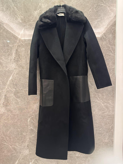 Fendi black wool coat with leather accents and fur collar