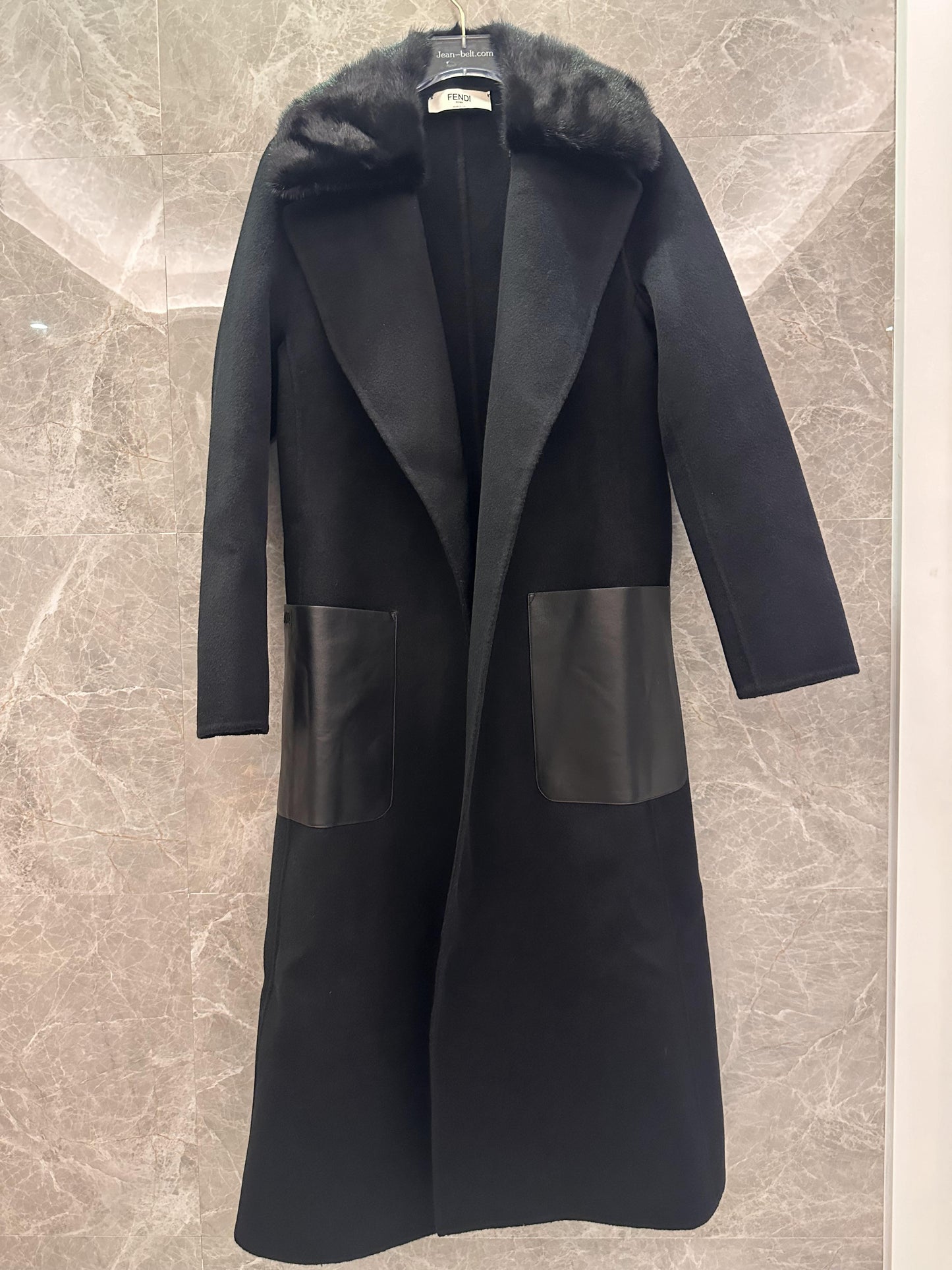 Fendi black wool coat with leather accents and fur collar