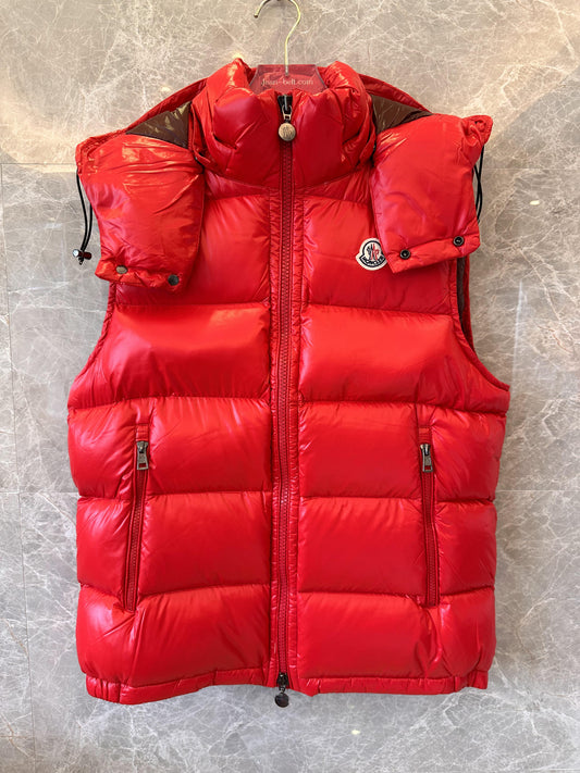 Moncler red down puffer vest with detachable hood