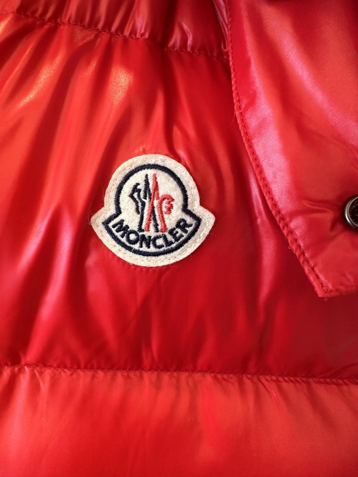 Moncler red down puffer vest with detachable hood