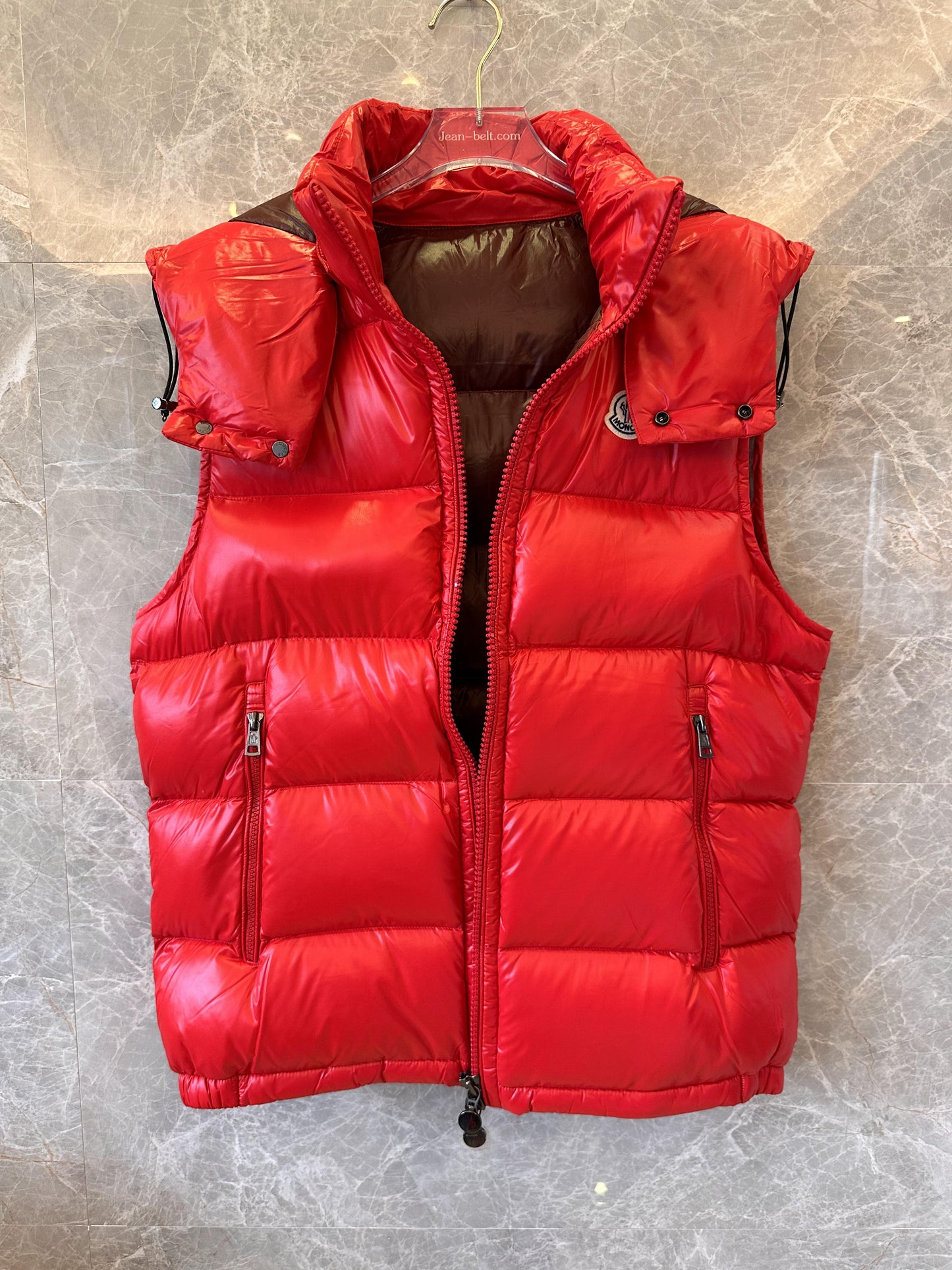 Moncler red down puffer vest with detachable hood