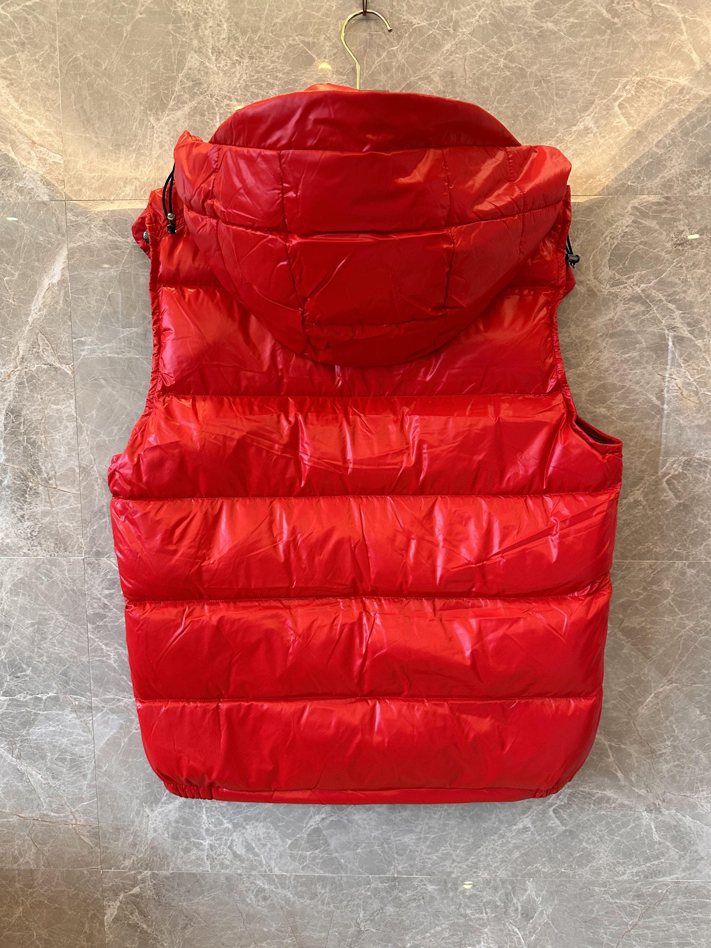 Moncler red down puffer vest with detachable hood